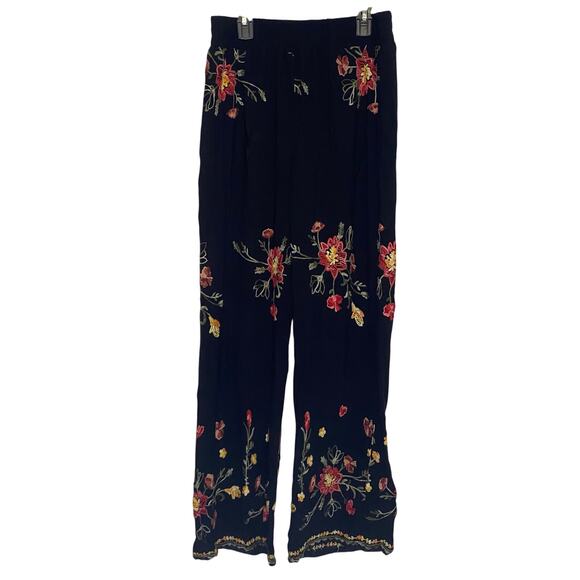 Liv Los Angeles Black Floral Embroidered Pull On Wide Leg Trouser Pants Medium - Picture 1 of 13